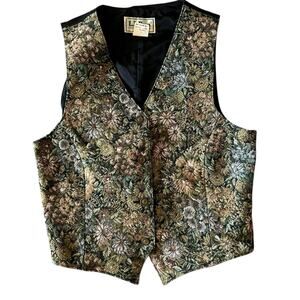 Vtg LL Bean Wildflower Tapestry Vest Womens 14 Black Green Brown Cottage Teacher
